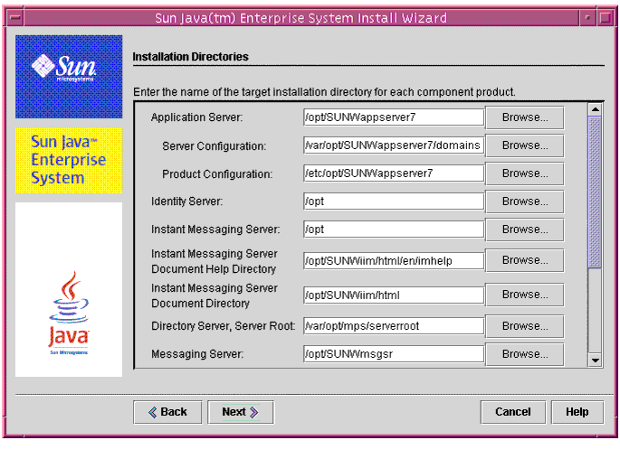 Example screen capture of the installer’s Installation Directories page.