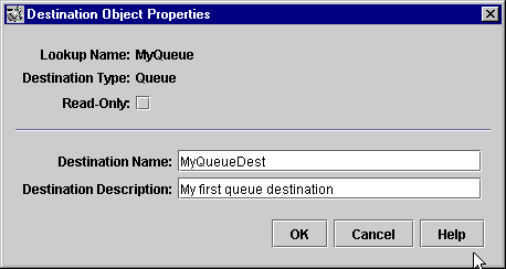 Destination Object Properties dialog. Buttons from left to right: OK, Cancel, Help.
