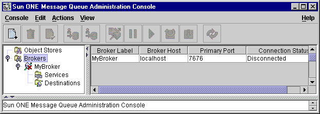 MQ Administration Console window. Broker selected in tree view.
