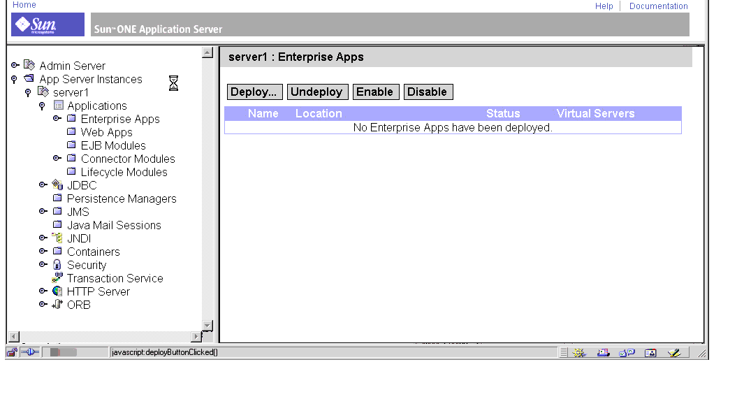 Figure shows Sun ONE Application Server Admin Server, Enterprise Apps Display
