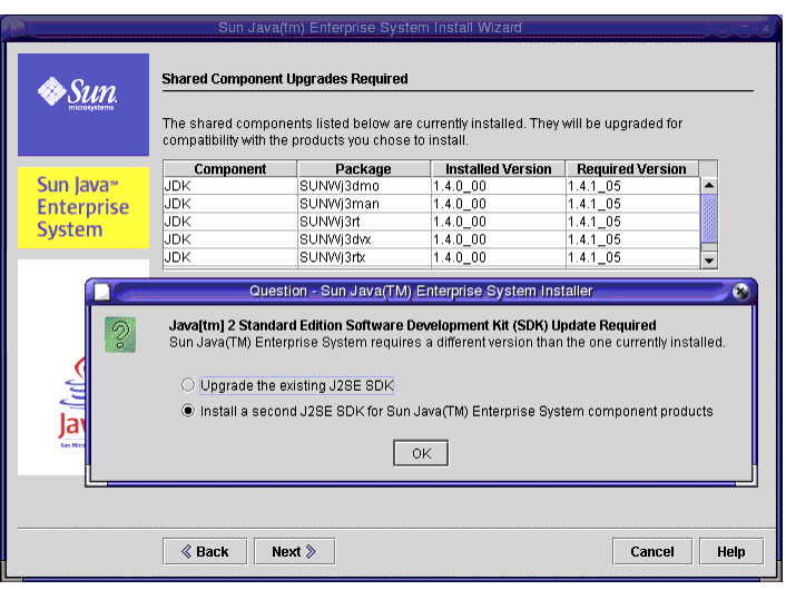 Screen capture: Question message appears above the page. Install a second J2SE is selected by default.
