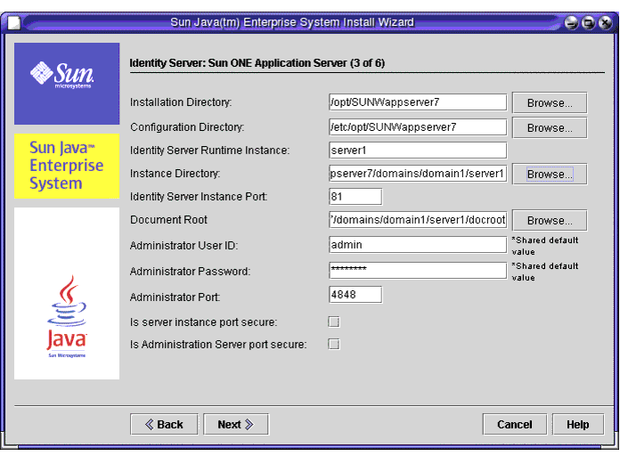 Screen capture; shows default values for server installation directories.