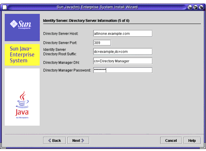 Screen capture; shows protected input (*) in the Directory Manager Password field.