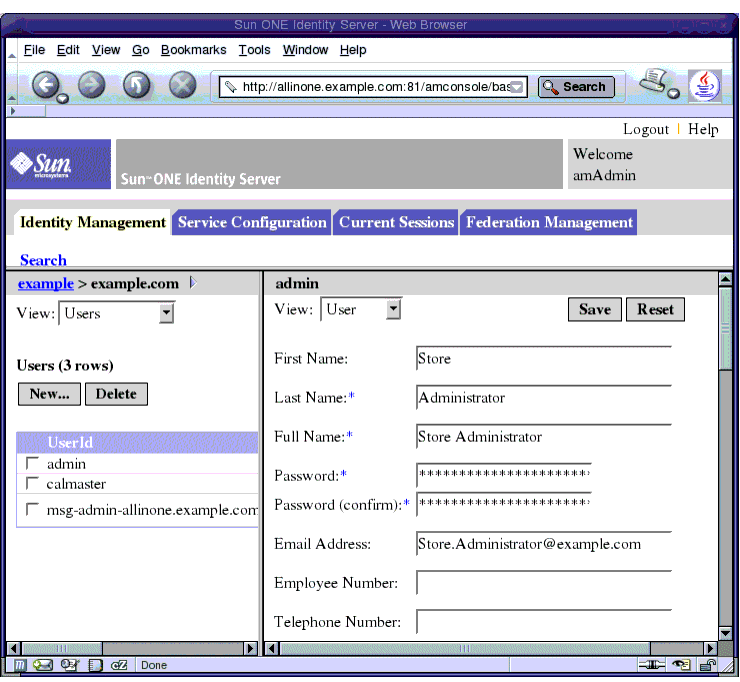 Screen capture; users is selected in the left pane. The right pane displays default user information for a store administrator.