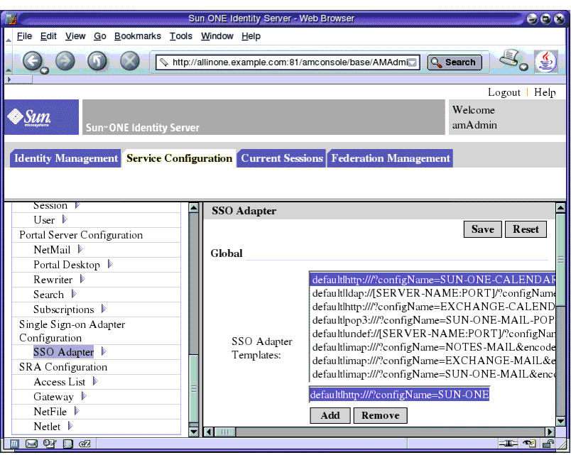 Screen capture; In left pane, SSO Adapter is selected. In right pane, under Global heading, in SSO Adapter Templates field, configuration property is selected.