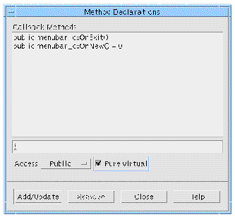Method Declarations dialog with example values entered.
