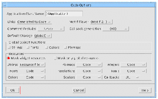 The Generate Options dialog with UIL as the selected language and with default values selected.