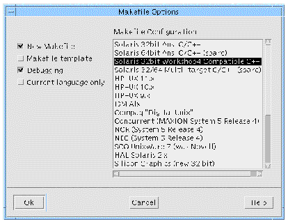 The Makefile Options dialog with default values.