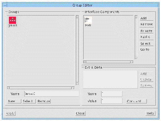 Group Editor showing a Group named "group0" which contains a Text widget.