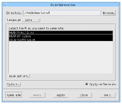 The Java Generation dialog with default values.