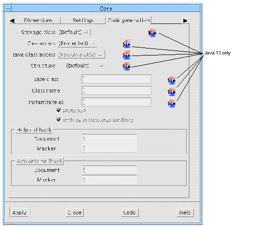 The Code generation page of the Core resources panel showing the Java 1.1 only annotation icon. A callout points to these icons.