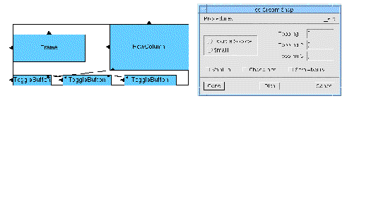 Layout Editor and dynamic display showing the three ToggleButtons with example attachments.