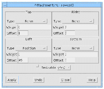 The Constraints panel for a RowColumn with default values entered.