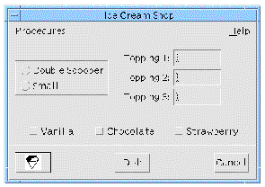 The tutorial dynamic display with one PushButton displaying an ice-cream cone pixmap.