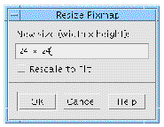The Pixmap Editor resize dialog with default values entered.
