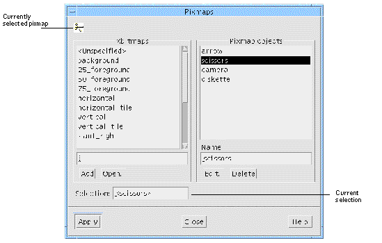 The Pixmap Selector dialog with callouts identifying the currently selected pixmap and the selection box showing the name of the current selection.