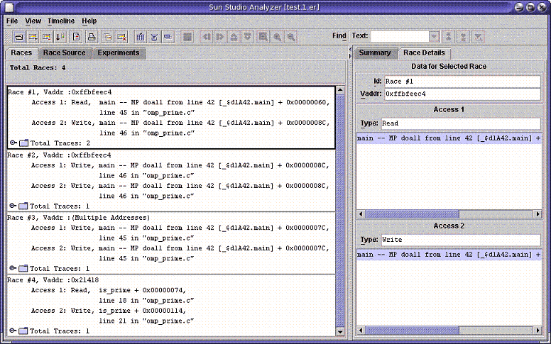 A screen-shot of the Thread Analyzer window showing the
Races tab for omp_primes.c.