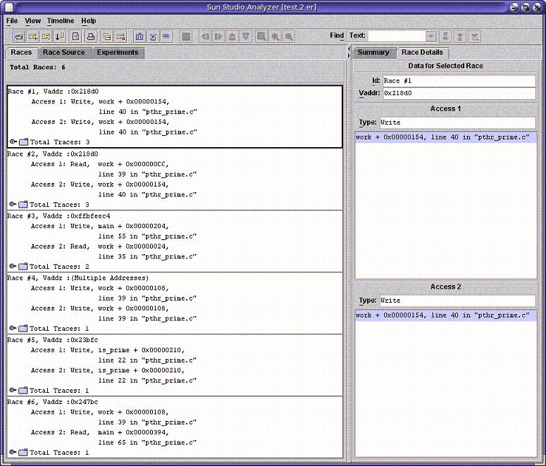 A screen-shot of the Thread Analyzer window showing the
Races tab for pthr_primes.c