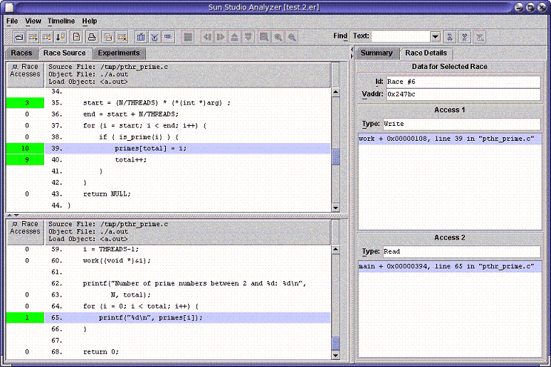 A screen-shot of the Thread Analyzer window showing the
Races Source tab information.