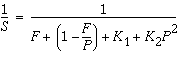 S 分の 1 は、{F プラス (1 マイナス P 分の F) プラス K1 プラス K2 P 二乗} 分の 1 に等しいです。