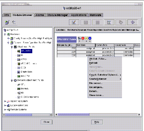 Screen capture showing the icon for the dynamic reconfiguration Sun Fire high-end and midrange systems module displayed in the host Details window. 