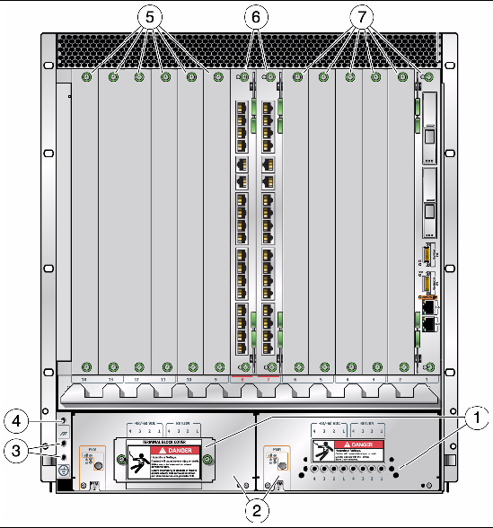 This figure shows the components that are accessible from the rear of the server.