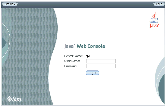 Screen capture of the Java Web Console login page showing the user name and password fields.
