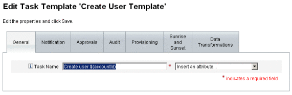 Figure illustrating the Task Name field and Insert Attribute
menu on the General tab