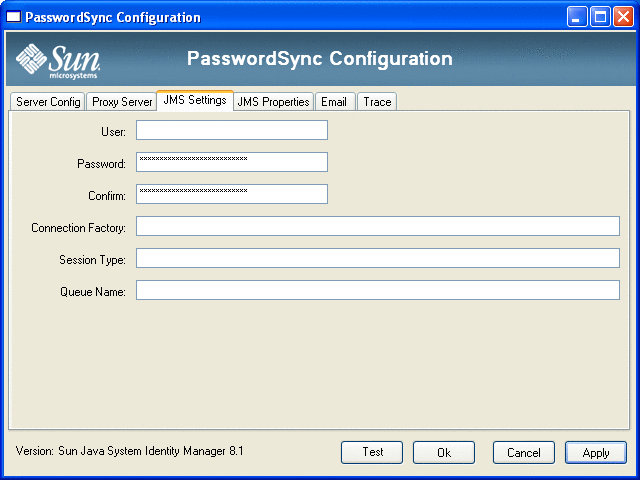 Figure showing the PasswordSync JMS Settings Dialog