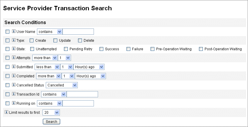 Figure showing the Service Provider Transaction Search
page