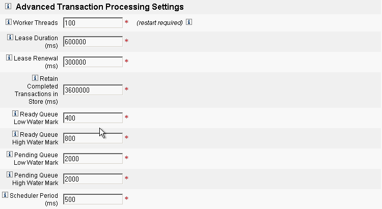 Figure showing the Advanced Transaction Processing Settings
area on the Edit Transaction Configuration page