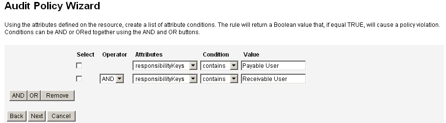 Figure showing the Select Rule Expression screen in the
Audit Policy wizard