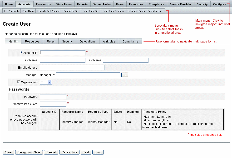 Figure illustrating the how a tabbed form is used in
the Waveset Administrator Interface.