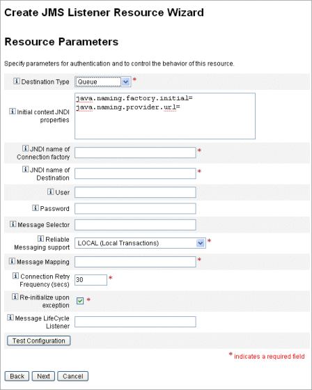 Figure illustrating the JMS Listener Resource Wizard
Resource Parameters page.