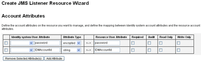 Figure showing the Account Attributes page of the Create
JMS Listener Resource Wizard