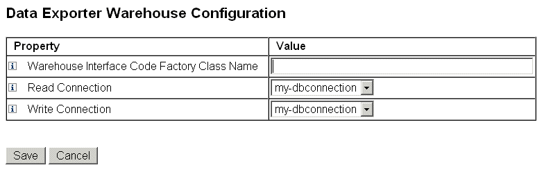 Figure showing the Warehouse Configuration Information
section of the Data Exporter Configuration page