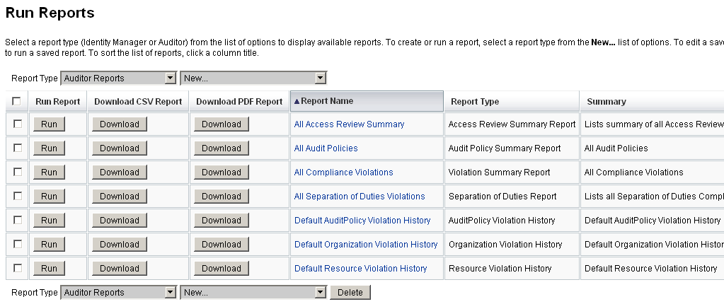 Figure showing an example Run Reports page with a list
of defined Auditor Reports