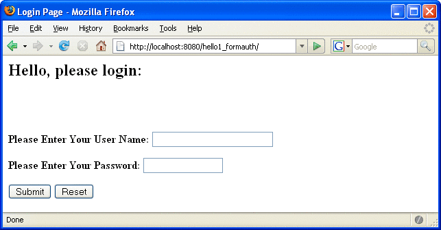 Screen shot of form-based login page showing text fields
for user name and password