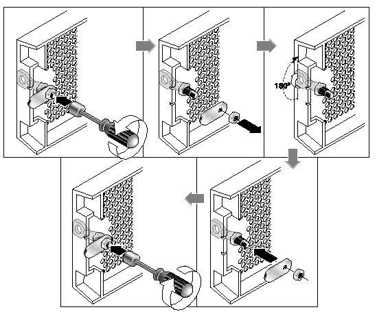 Figure showing the five steps required to change front bezel locks so the keys cannot be removed.