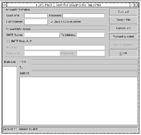 Screen capture showing POP3 Mail Client for Diagnostic Reporter window.