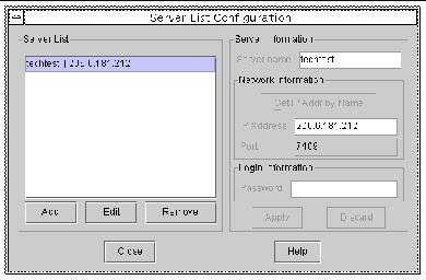 Screen capture showing the Server List Configure window.