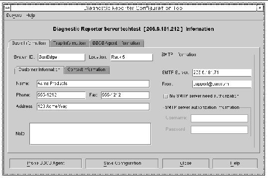 Screen capture showing the Diagnostic Reporter Configuration Tool window with the Basic Information tab selected.