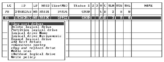 Screen capture showing a logical drive (LG) selected with the Logical menu displayed. View scsi drives is chosen. 
