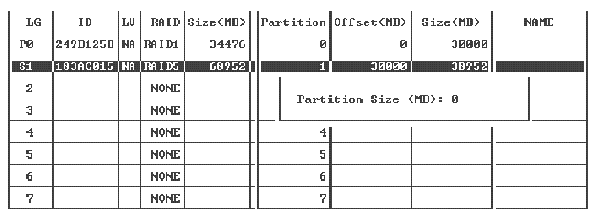 Screen capture showing a partition of a logical drive with Partition Size (MB) configured with 0.