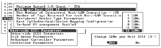 Screen capture shows "LUNs per Host SCSI ID" parameter being changed to 32 LUNs per host SCSI ID.