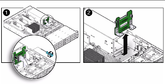 Figure showing how to remove the power supply backplane (Sun Fire X4270 M2 Server).