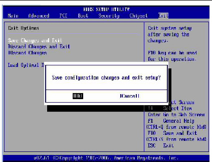 Graphic showing BIOS Setup Utility: Exit - Exit Options - Save Changes and Exit confirmation.