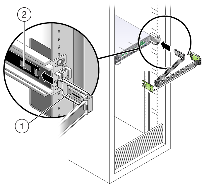 image:Graphic showing CMA mounting bracket inserted into back of the right slide-rail.