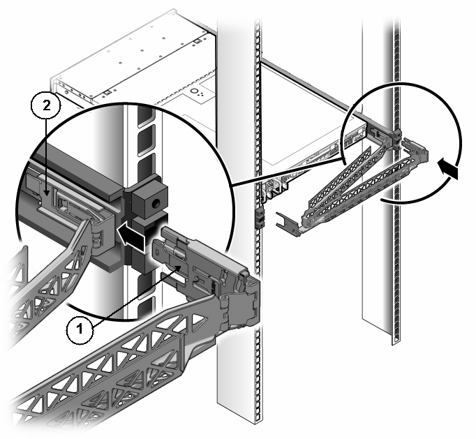 image:Graphic showing CMA slide-rail connector inserting into the back of the right slide-rail.