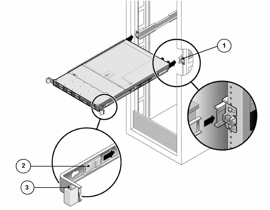image:Graphic of inserting the server with mounting brackets into the slide-rails.